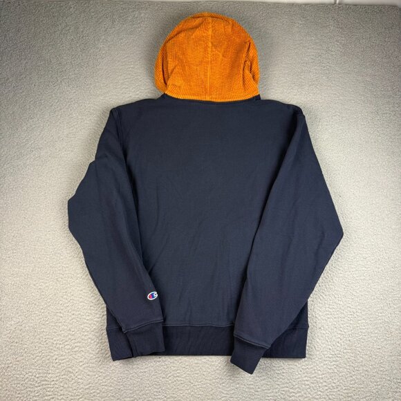 Champion Hoodie Men's Large Spell Out Corduroy Navy Blue Hood Sweatshirt Jumper - Picture 2 of 9